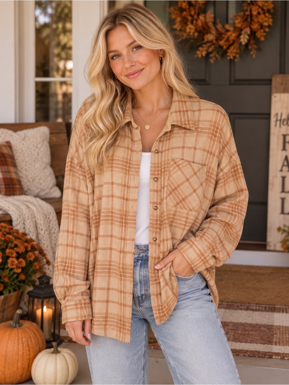 Victoria’s Secret PINK Tan Plaid Oversized Button Up Shirt Shacket